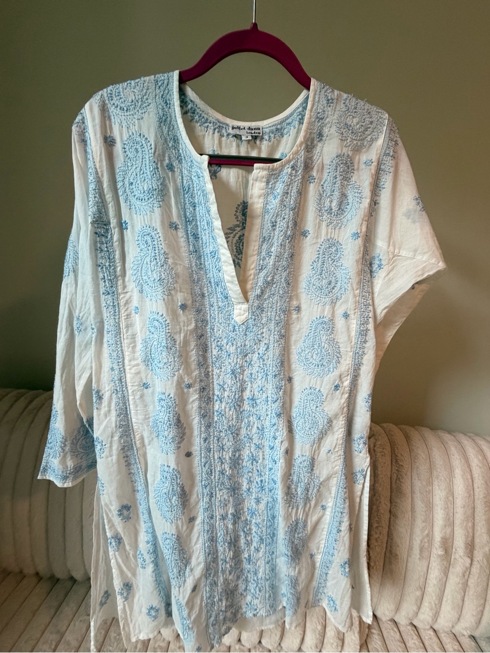 Juliet Dunn Cream Tunic with Light Blue Paisley Embroidery